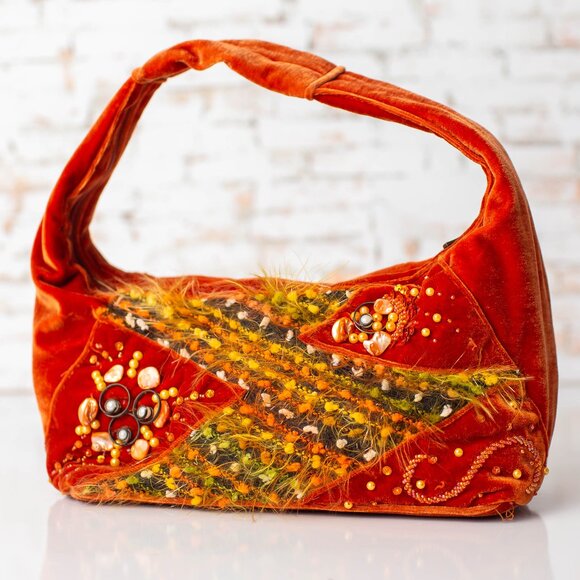 Vintage Orange Velvet Beaded Handbag Boho Embroidered Purse with Beads & Pearls - Picture 1 of 10